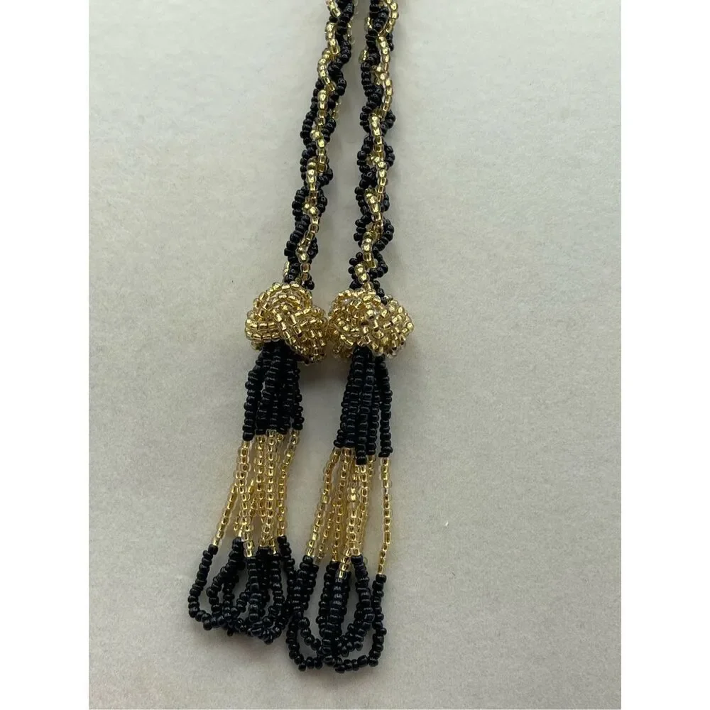 Vintage long seed bead flapper style black n gold necklace - Picture 8 of 11